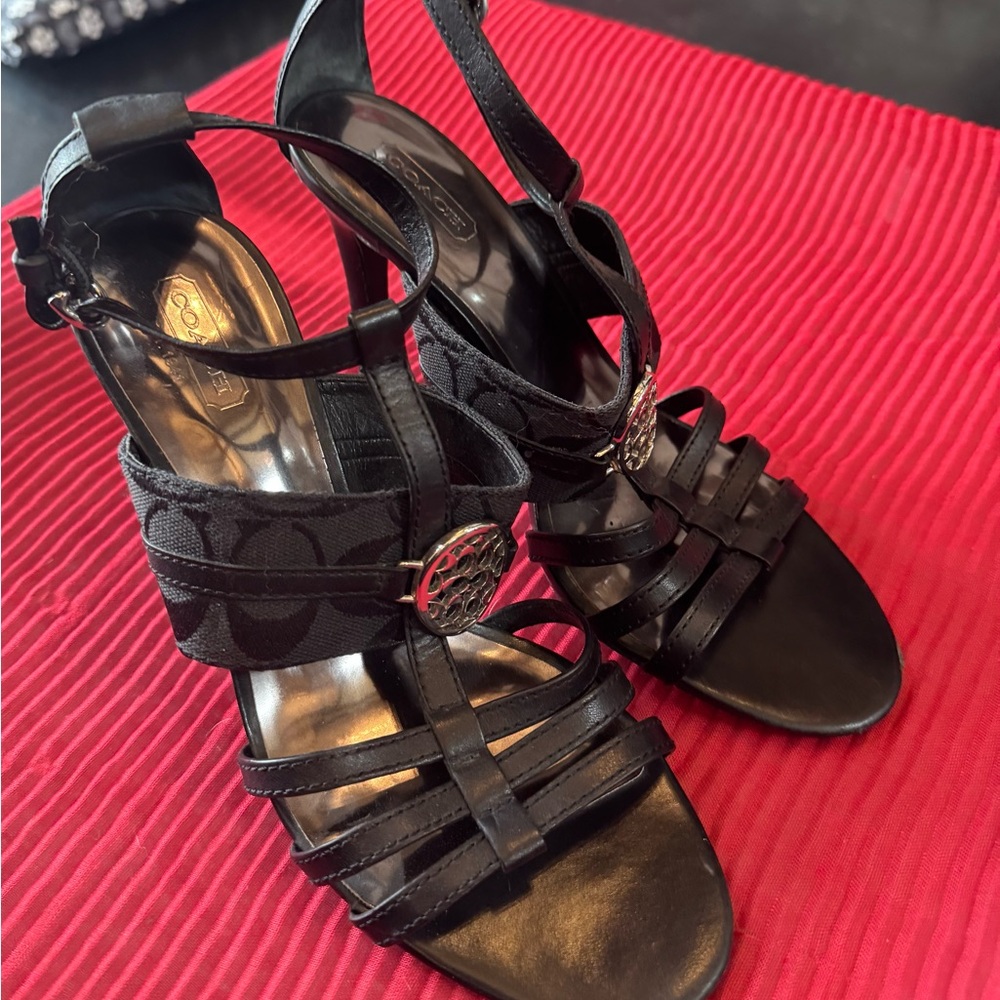 Coach Black Strappy Heels with Logo Detail